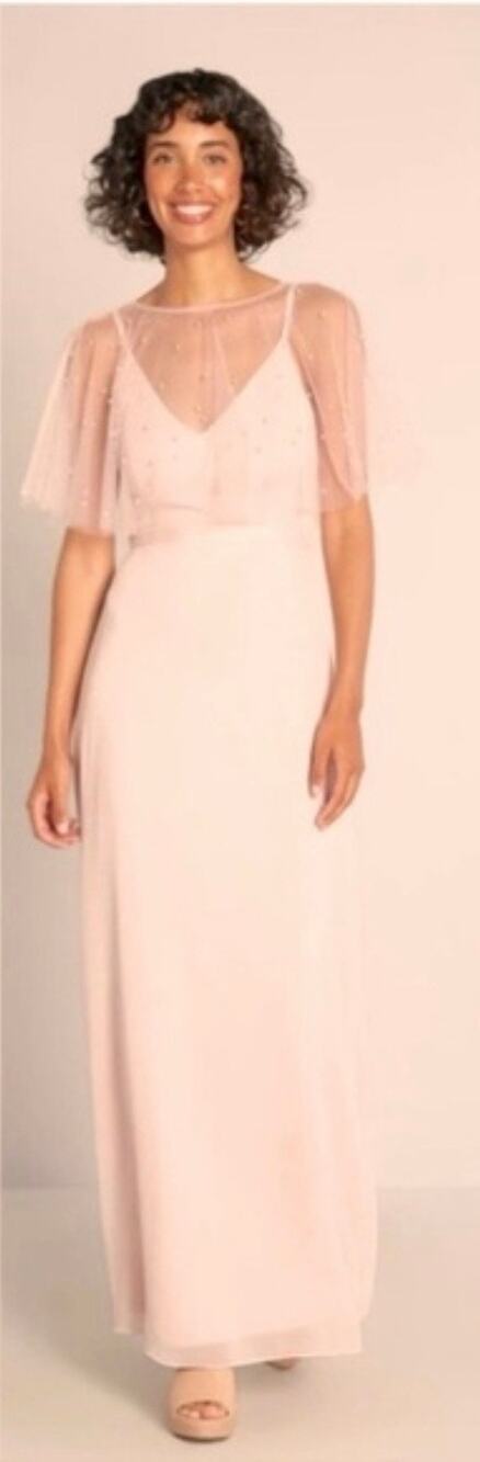 Little Mistress London Blush Pearl Chiffon Maxi Dress with Mesh Capelet US 6 NWT